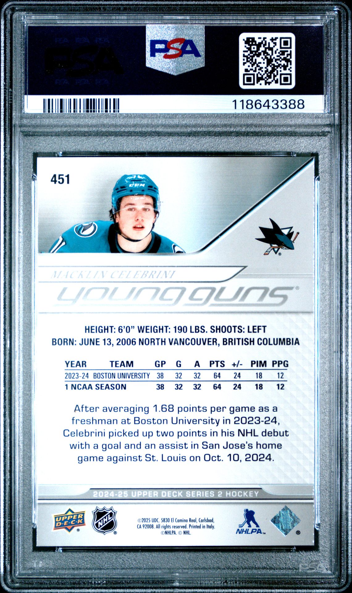 2024 Upper Deck Macklin Celebrini #451 Gem Mt 10 back