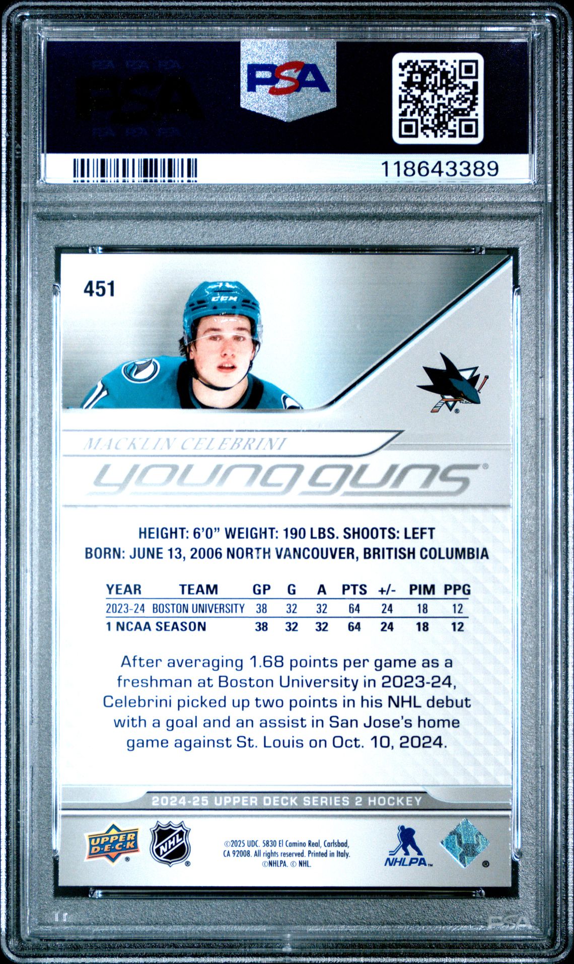 2024 Upper Deck Macklin Celebrini #451 Gem Mt 10 back