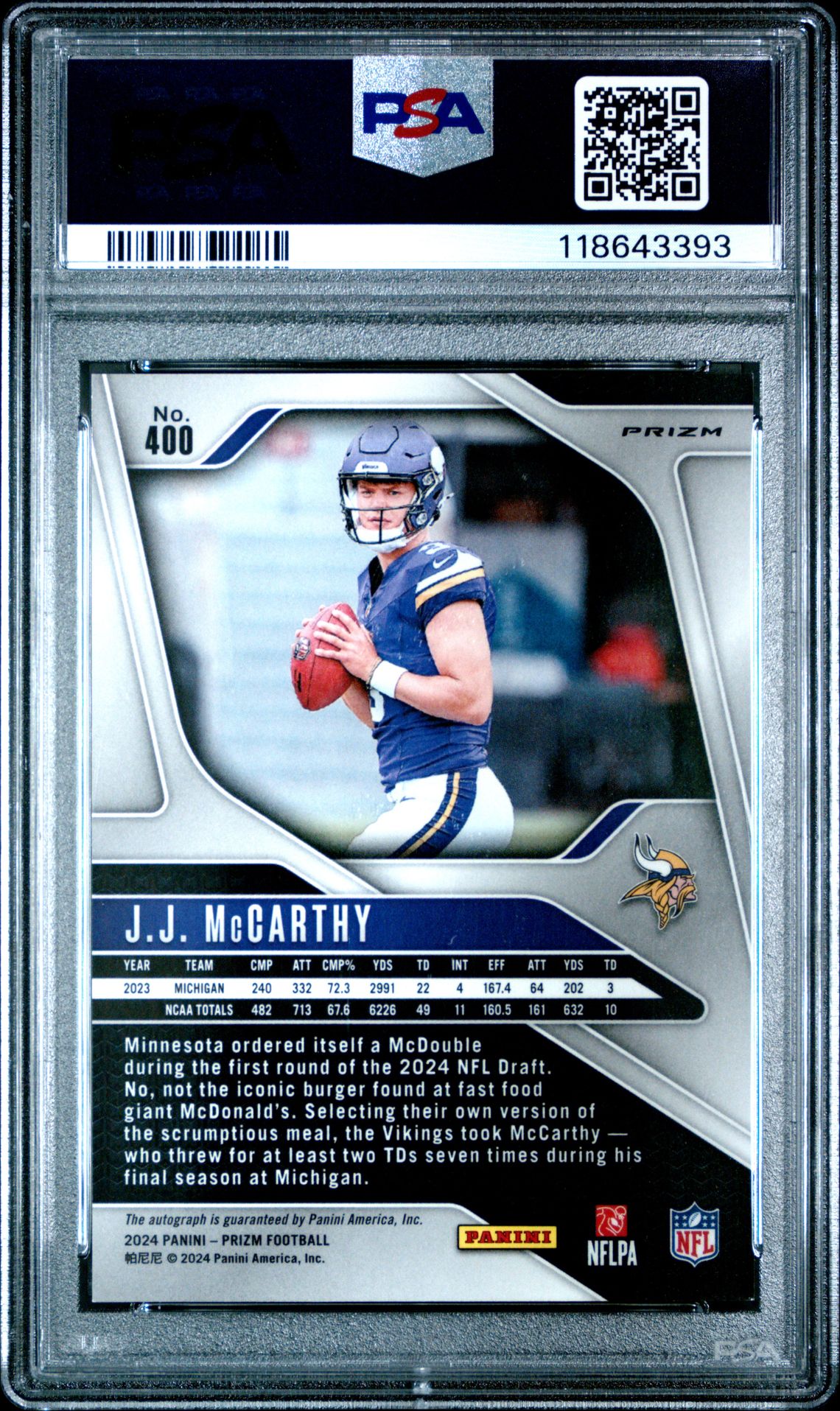 2024 Panini Prizm Jj Mccarthy #400 (Autograph) Mint 9 back
