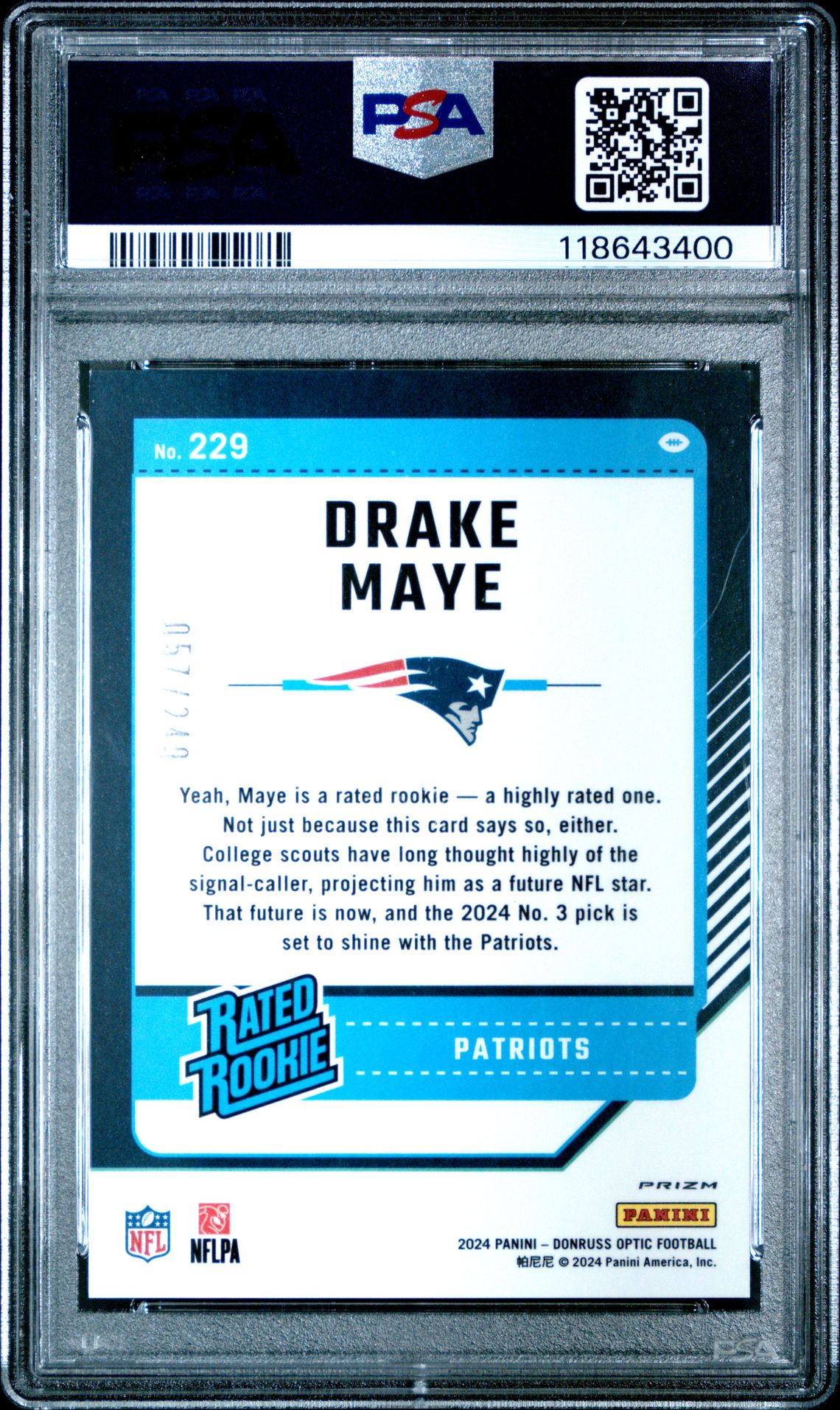 2024 Panini Donruss Optic Drake Maye #229 (Orange) Mint 9 back