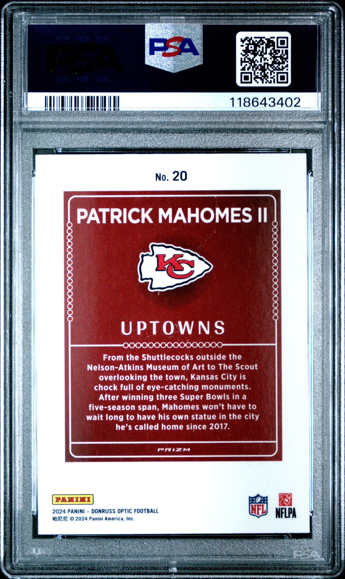 2024 Panini Donruss Optic Uptowns Patrick Mahomes Ii #20 Gem Mt 10 back