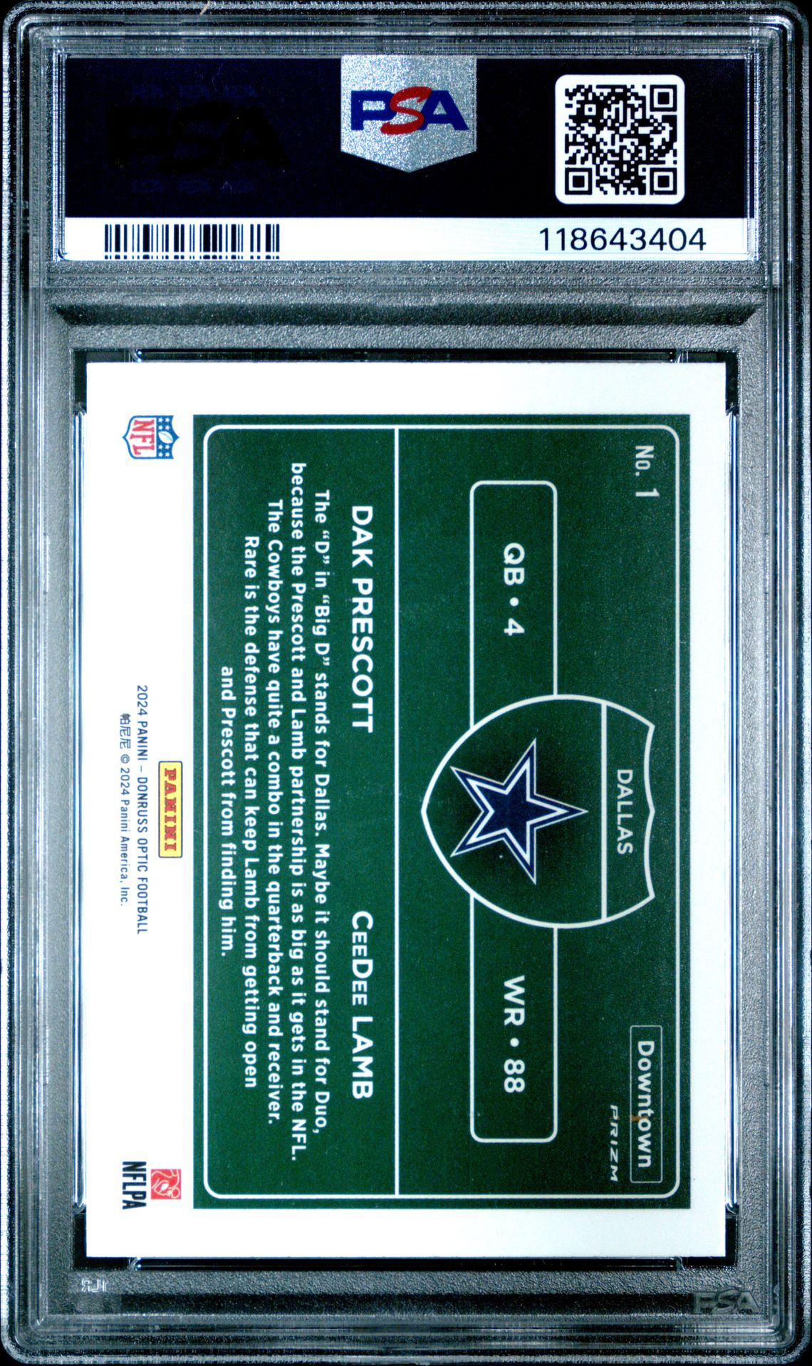 2024 Panini Donruss Optic Downtown Duos Prescott/Lamb #1 Gem Mt 10 back