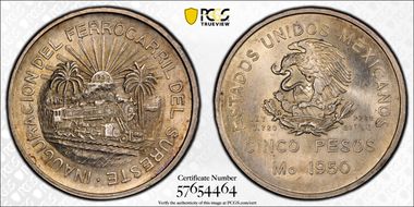 1950-Mo 5 Peso Southeastern Railroad KM-466  Ag MS64