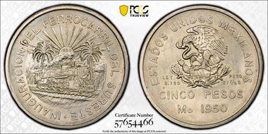 1950-Mo 5 Peso Southeastern Railroad KM-466  Ag N1