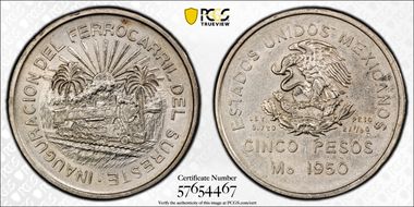 1950-Mo 5 Peso Southeastern Railroad KM-466  Ag AU58