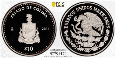 2005-Mo 10 Peso Colima KM-728  Ag PR68DCAM