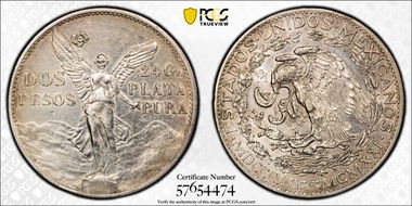 1921-Mo 2 Peso Centennial, 9 Tail F. KM-462  Ag N1