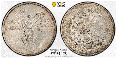 1921-Mo 2 Peso Centennial, 9 Tail F. KM-462  Ag N1