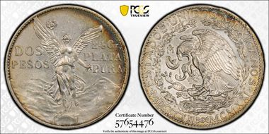 1921-Mo 2 Peso Centennial, 9 Tail F. KM-462  Ag N1