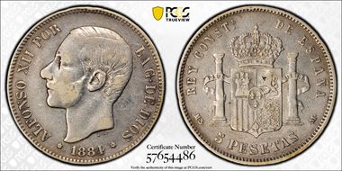 1884-MS M 5 Pta (1884) VF35