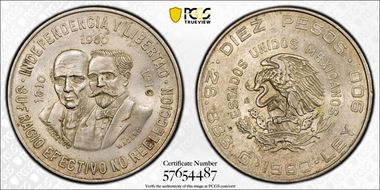 1960-Mo 10 Peso 150th Anniversary KM-476  Ag AU55