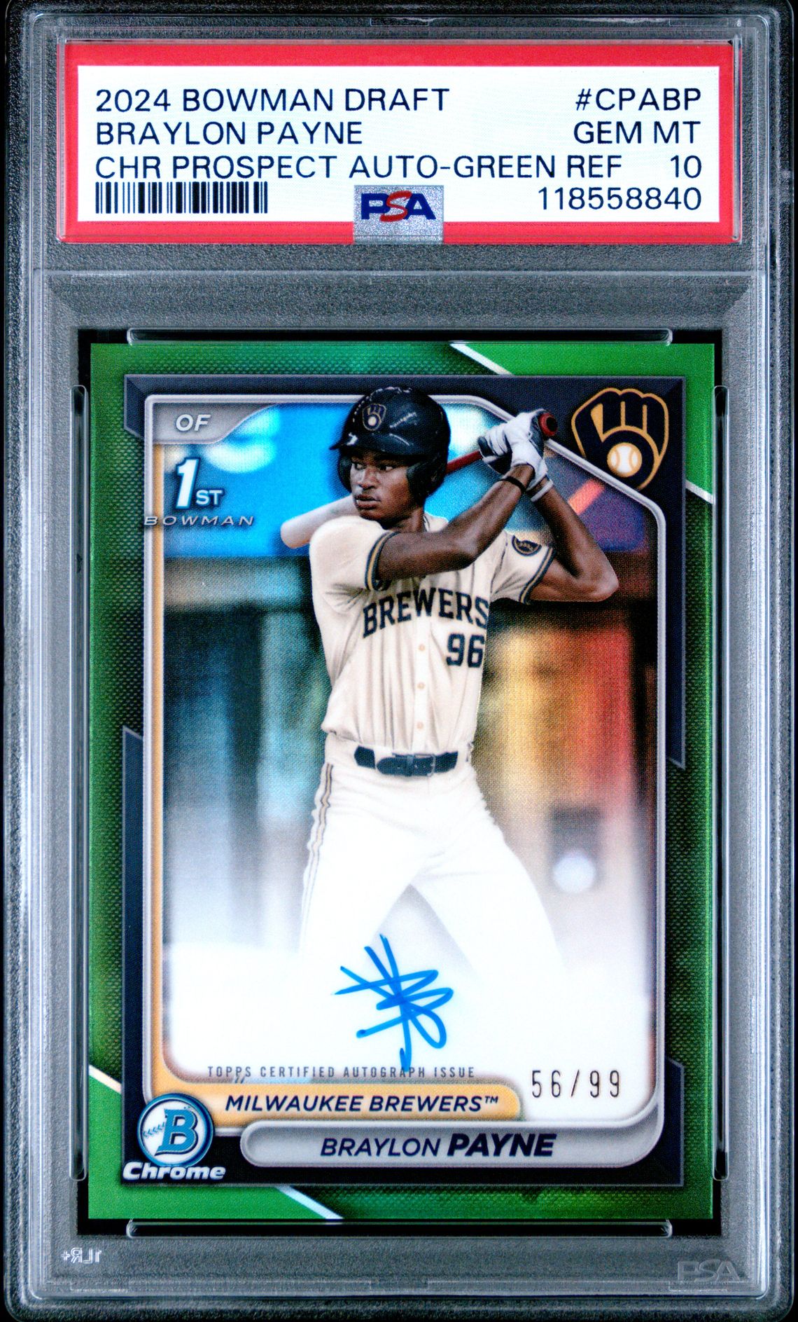 2024 Bowman BOWMAN DRAFT CHROME PROSPECT AUTOGRAPHS CHR PROSPECT AUTO-GREEN REF #CPABP Braylon Payne front