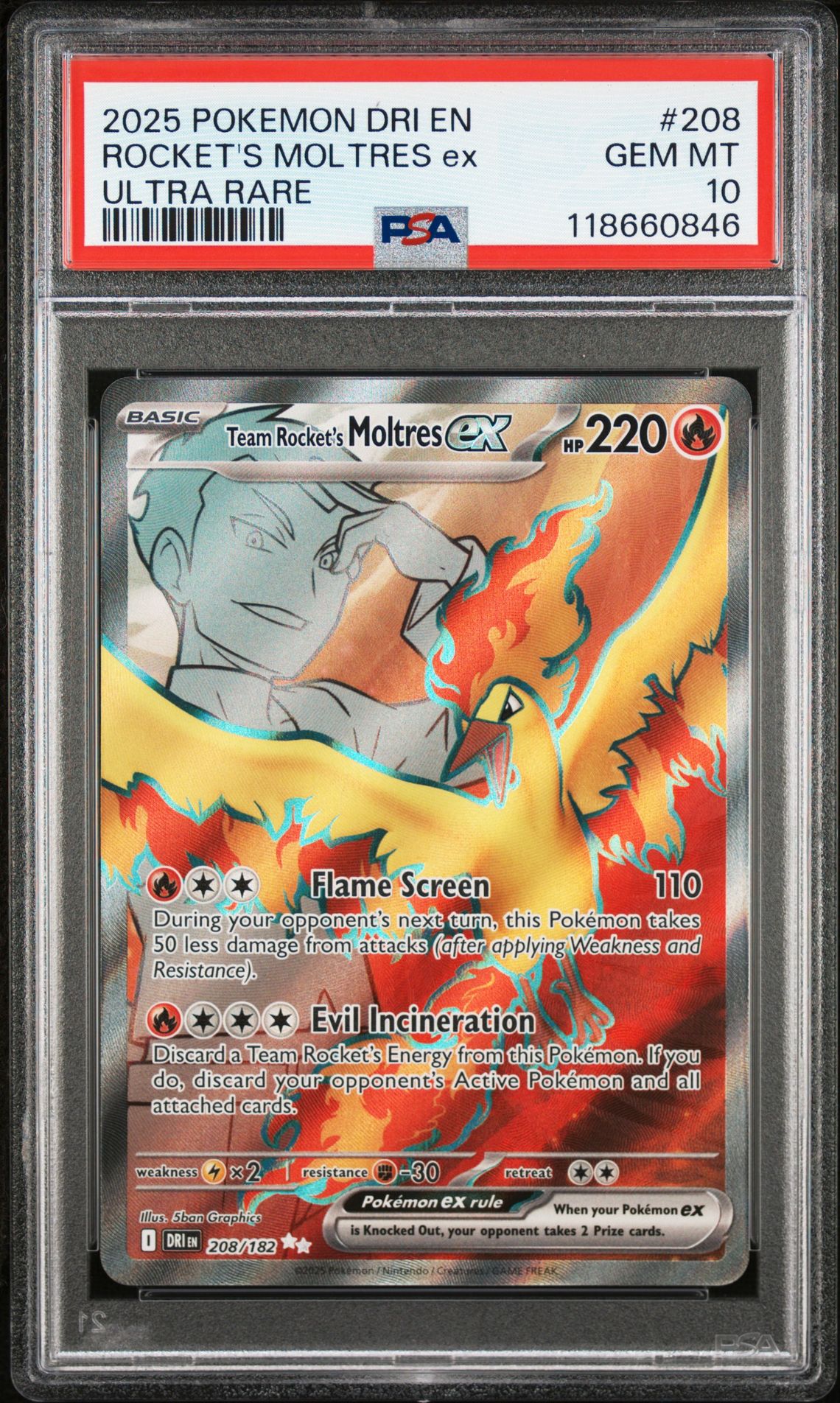 2025 Pokemon Dri En-Destined Rivals Rocket's Moltres Ex #208 (Ultra Rare) Gem Mt 10 front