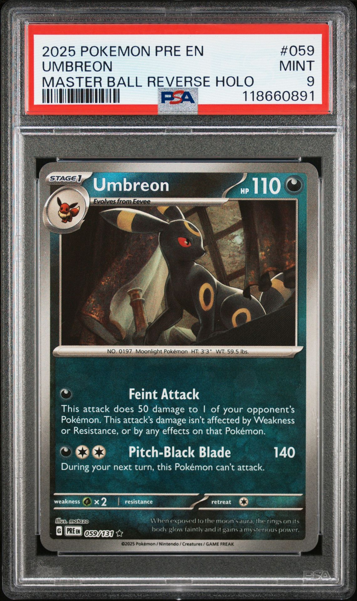 2025 Pokemon Pre En-Prismatic Evolutions Umbreon #059 (Master Ball Reverse Holo) Mint 9 front