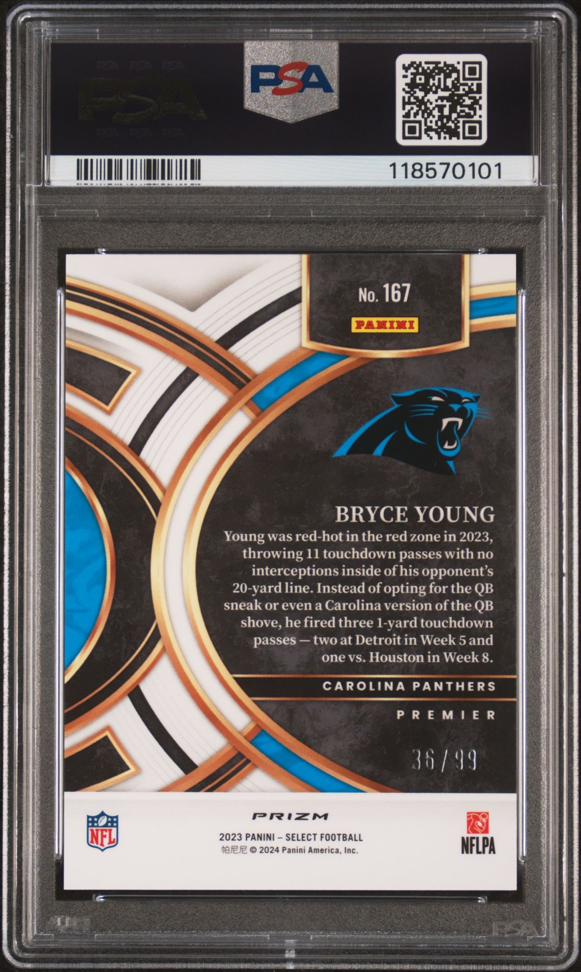 2023 Panini Select Bryce Young #167 (Light Blue Prizm) Gem Mt 10 back view - PSA certificate #118570101