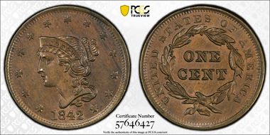 1842 1C N-8, Large Date MS62BN