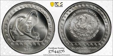 1992-Mo 25 Peso Guerrero Aguila KM-554  Ag MS67