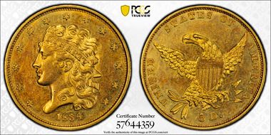 1834 $5 Classic Head, Plain 4 AU55+
