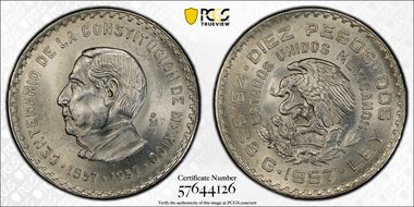 1957-Mo 10 Peso 100 Years - Constitution KM-475  Ag MS64