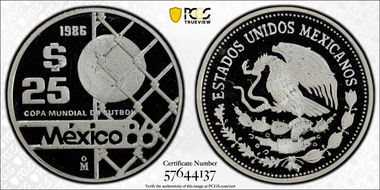 1986-Mo 25 Peso World Cup KM-519 PR68DCAM