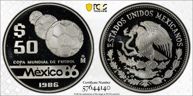 1986-Mo 50 Peso World Cup KM-523 PR68DCAM