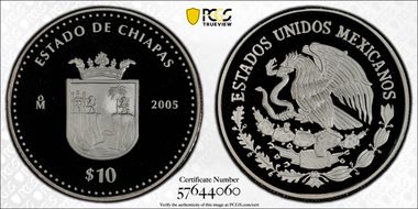 2005-Mo 10 Peso Chiapas KM-706  Ag PR70DCAM