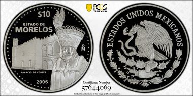 2006-Mo 10 Peso Morelos KM-832  Ag PR70DCAM