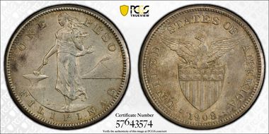 1908-S Peso KM-172  Ag AU58