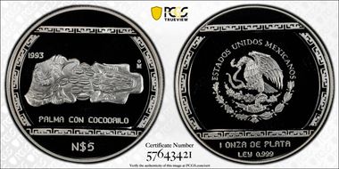 1993-Mo 5 Peso Palma con Cocodrilo KM-582  Ag PR69DCAM