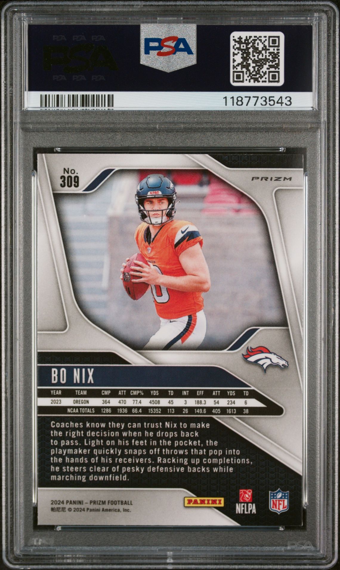 2024 Panini Prizm Bo Nix #309 (Green Prizm) Mint 9 back
