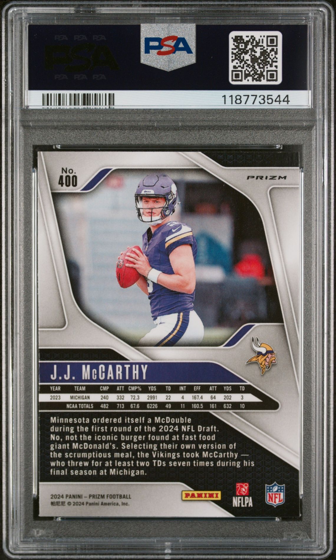 2024 Panini Prizm Jj Mccarthy #400 (Neon Green Pulsar) Mint 9 back