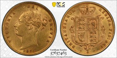 1877-M 1/2 Sov S-3863A Narrow Ribbon AU58