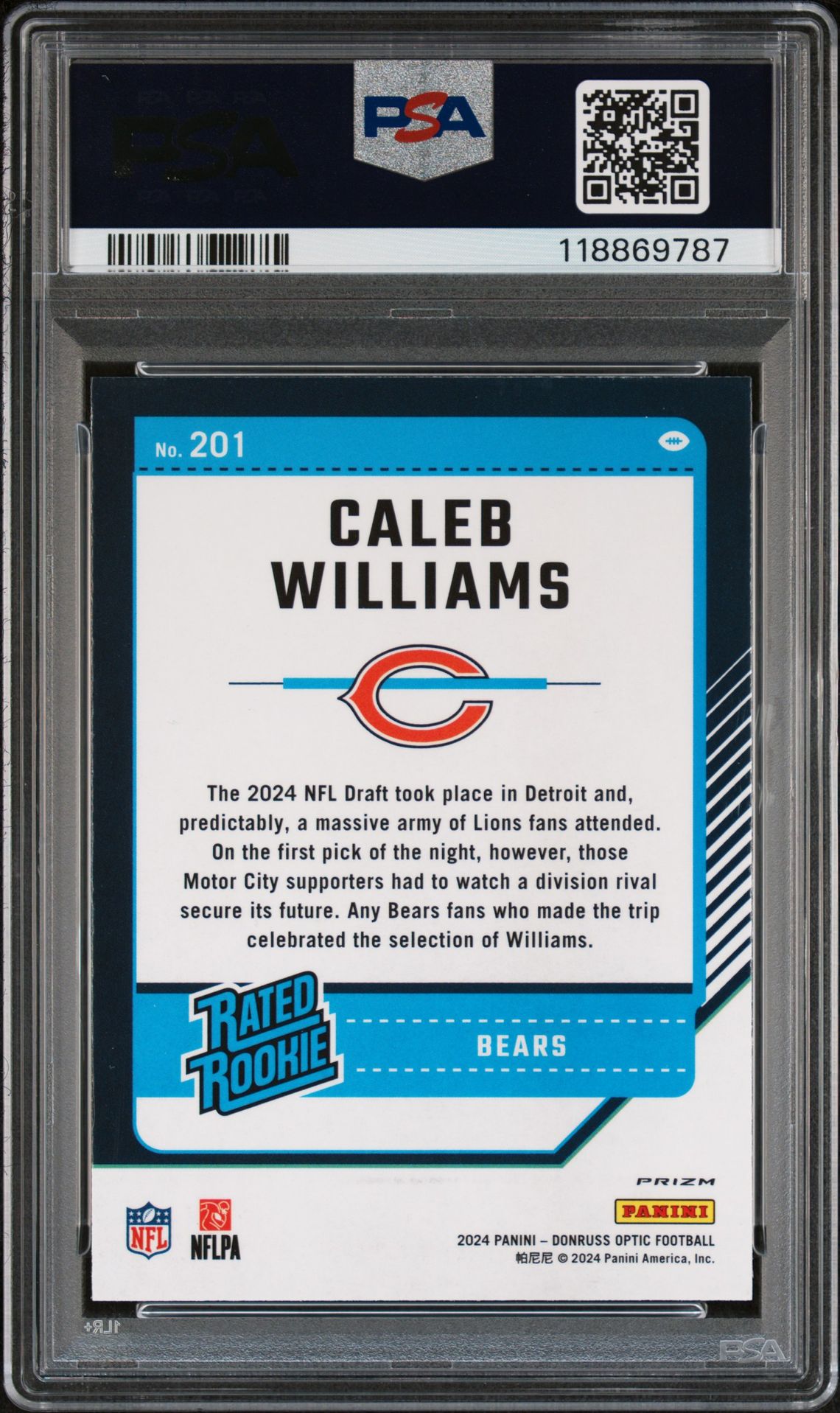 2024 Panini Donruss Optic Caleb Williams #201 (Holo) Gem Mt 10 back