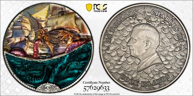 2025 $20 Underwater Fantasy - Sea Monster UHR Colorized Antique Finish 3oz Ag First Day of Issue SP70