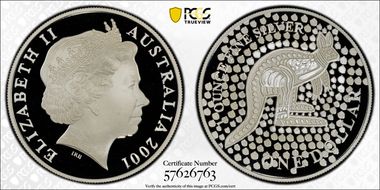 2001 $1 Kangaroo Ag-Aboriginal Design PR70DCAM