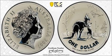 2007 $1 Kangaroo Ag-Rolf Harris Frosted Uncirculated MS70