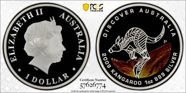 2009-P $1 Kangaroo Ag Colorized Discover Australia, Dreaming PR70DCAM
