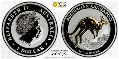 2017-P $1 Kangaroo Ag Rev PR Selective Gilt PR70