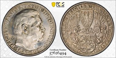 1927-D (5 Mk) Lg BAYER X-1  Ag SP63