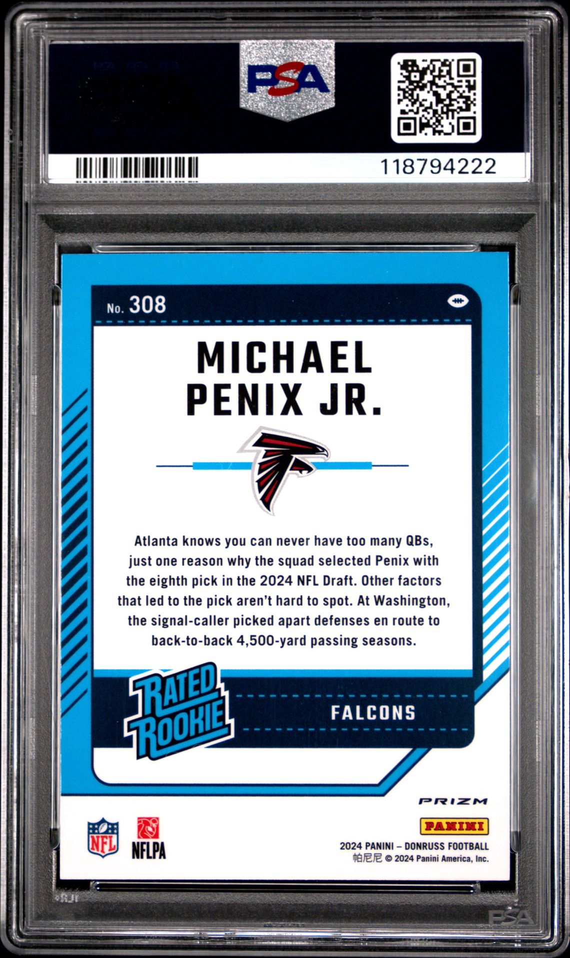 2024 Panini Donruss Michael Penix Jr. #308 (Optic Preview-Red Wave) Gem Mt 10 back