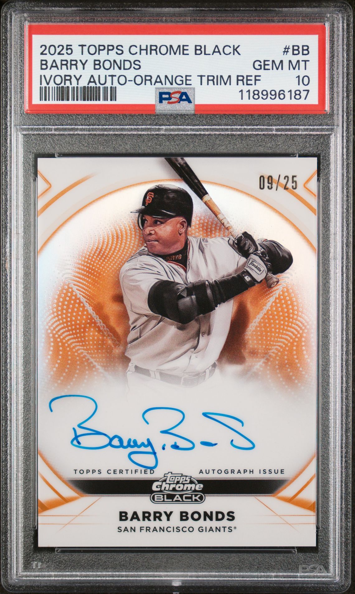 2025 Topps TOPPS CHROME BLACK IVORY AUTOGRAPHS Orange Refractor #BB Barry Bonds front