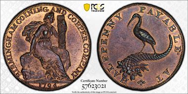 1794 Tk 1/2D DH-73a Warwickshire Birmingham Coining & Copper MS63RB