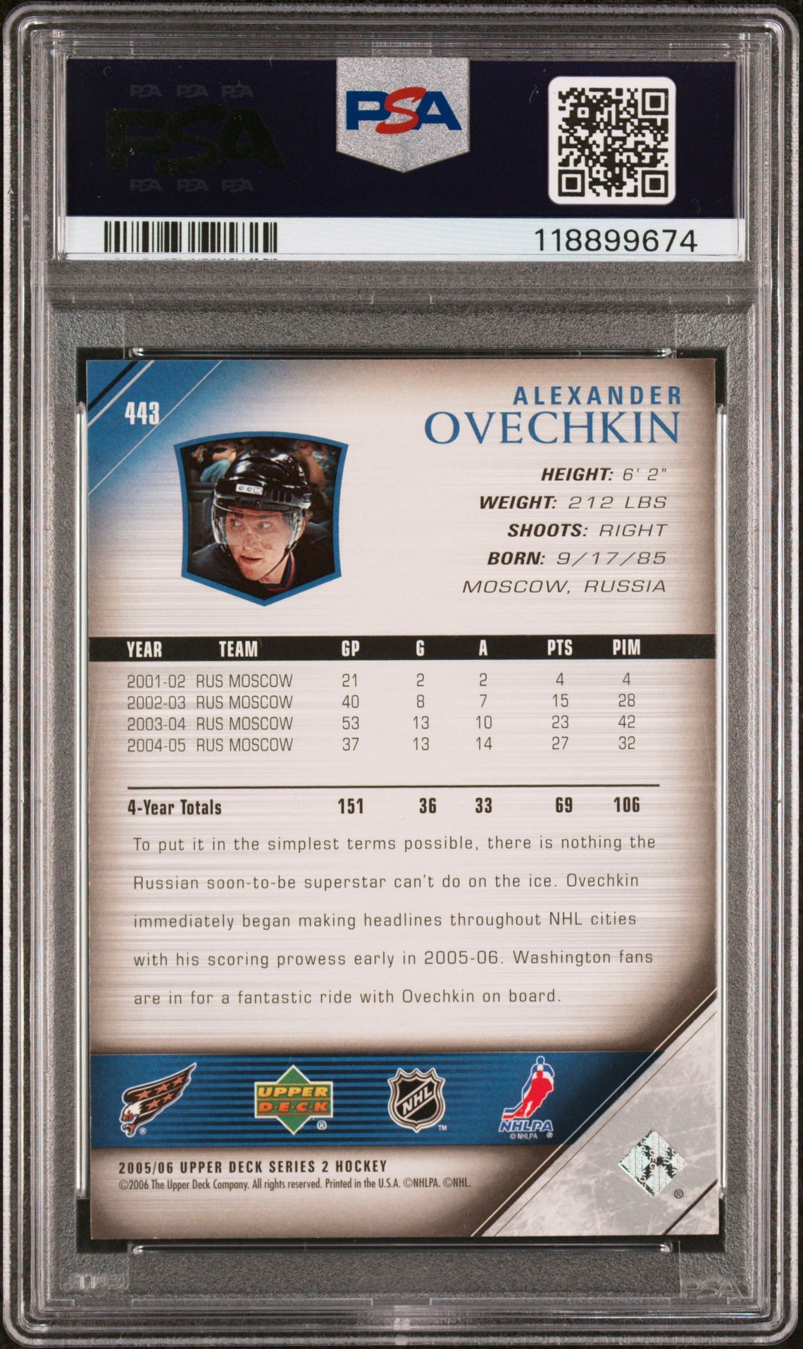 2005 Upper Deck Alexander Ovechkin #443 Mint 9 back