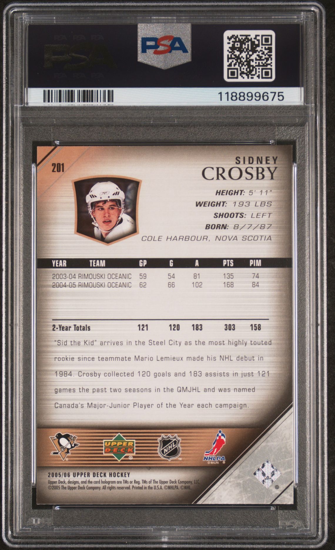 2005 Upper Deck Sidney Crosby #201 Gem Mt 10 back