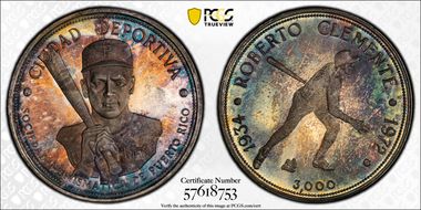 "1972" (1973) Medal Death of Roberto Clemente Ag MS68