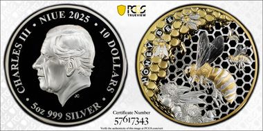 2025 $10 Australian Honey Bee 5oz Ag - Selective Gilt PR70DCAM