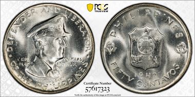 1947-S 50C Douglas MacArthur KM-184  Ag MS65