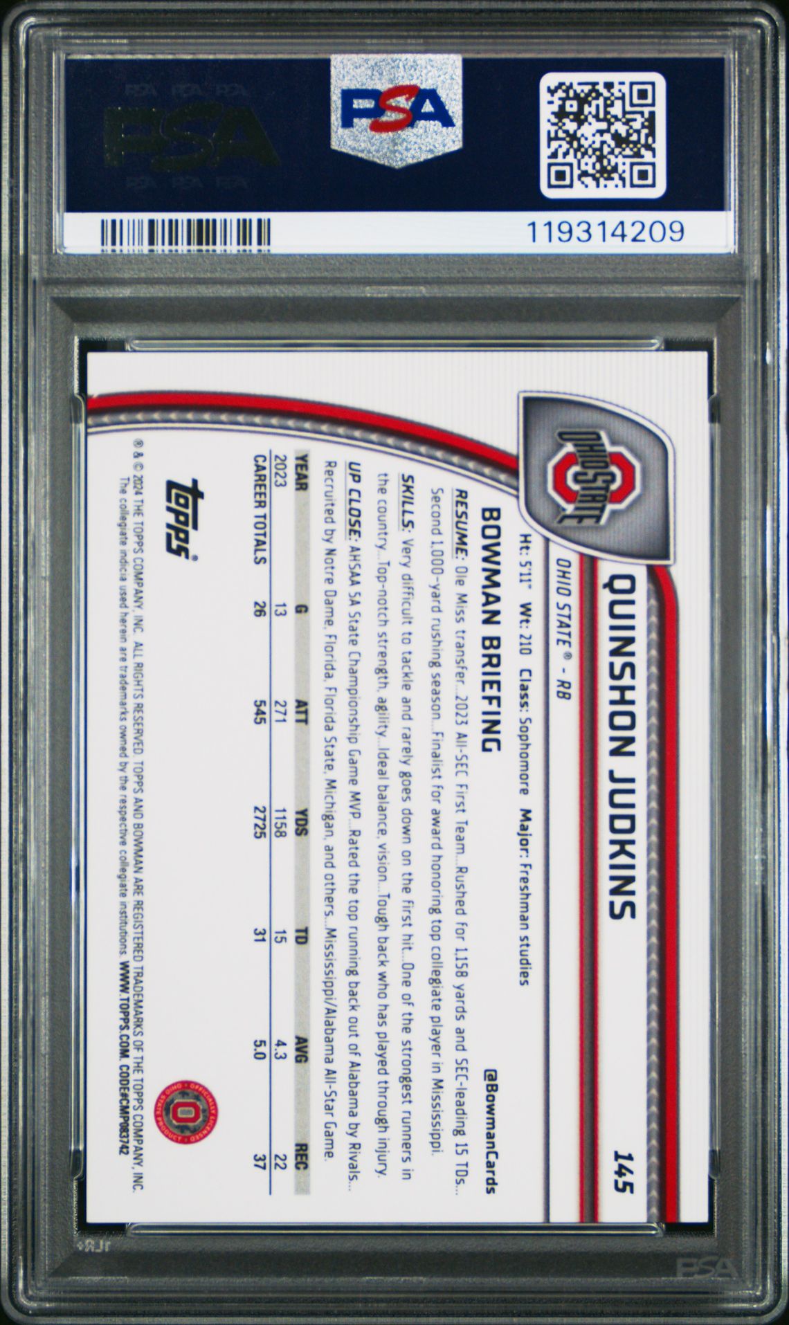 2024 Bowman University Chrome Quinshon Judkins #145 (Gold Shimmer) Mint 9 back