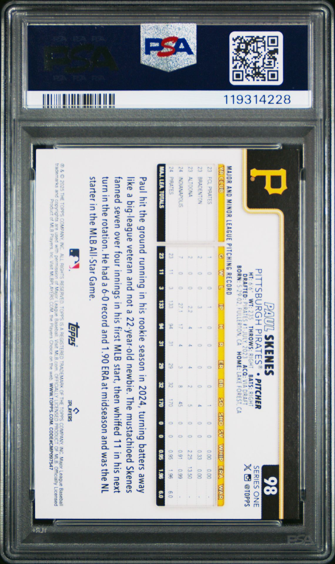 2025 Topps Paul Skenes #98 Mint 9 back