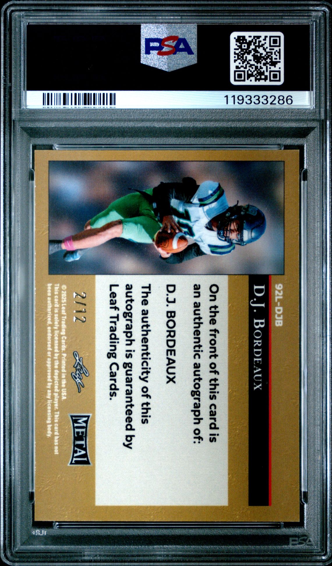 2025 Leaf Metal 92 Leaf Lgr Autographs D.j. Bordeaux #92Ldjb (92 Lgr Auto-Blue Lava) Nm 7 back